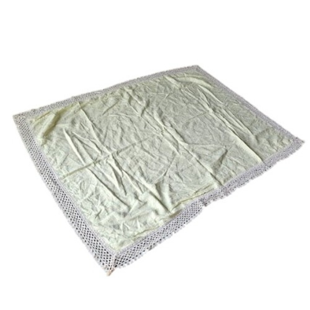 VINTAGE Linen Tablecloth Yellow Crochet Lace Trim Rectangular 45x64 Cottagecore